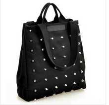 Free shipping 2014 louis bag rivet  Fashion vintage bag canvas shoulder bag brand deisgual handbag Women black messenger bags