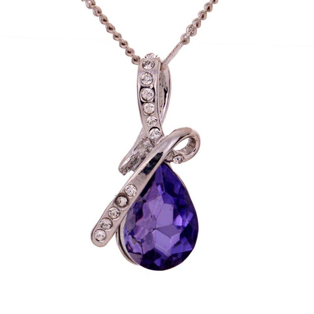 Purple Crystal Teardrop Pendant Silvery Necklace Chain Love Women Gift For Valentine s Day