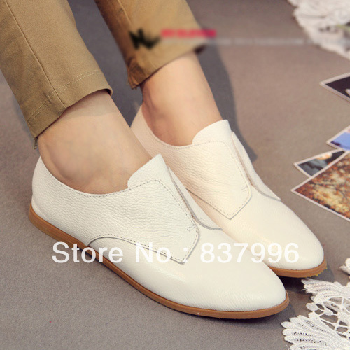 Hot 2014 New Fashion Ladies Cute Genuine Leather Ballet Casual Womens Shoes White Loafers Low Heel