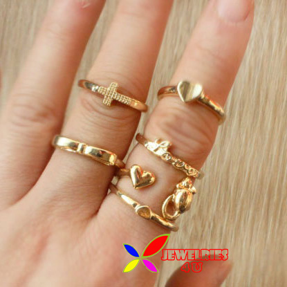 2014 newest finger rings fashion golden hearts cross mouse bow LOVE ring pack set jewel for