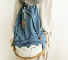 free shipping new fashion blue women canvas backpack lace large travel backpack vintage school backpacks for girls
