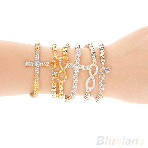 Hot Fashion Women s Crystal Rhinestone Cross Love Infinity Stretch Beaded bracelets bangles Gift 05B5