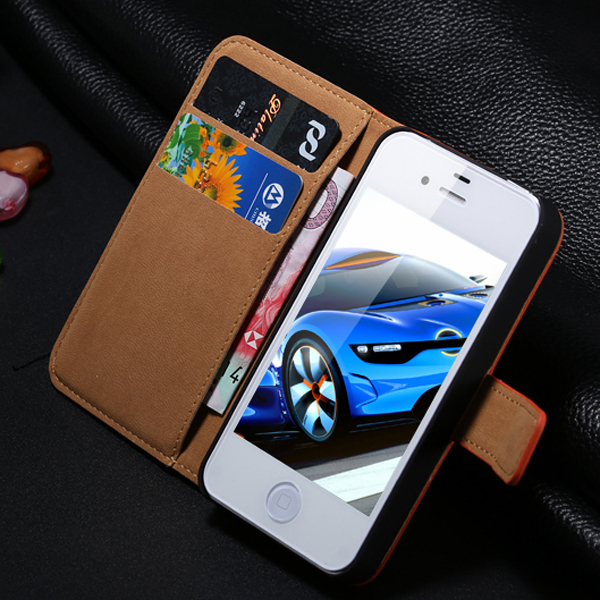 2014 novo luxo retro 100% couro real case para iphone 4 4s 4 g carteira sta