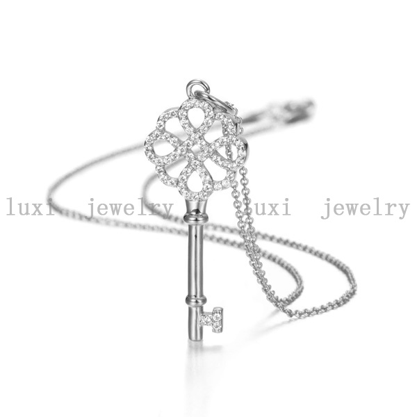 TOP quality honey 18k white gold plated necklace Titanium Stainless steel Zircon key necklace jewelry free