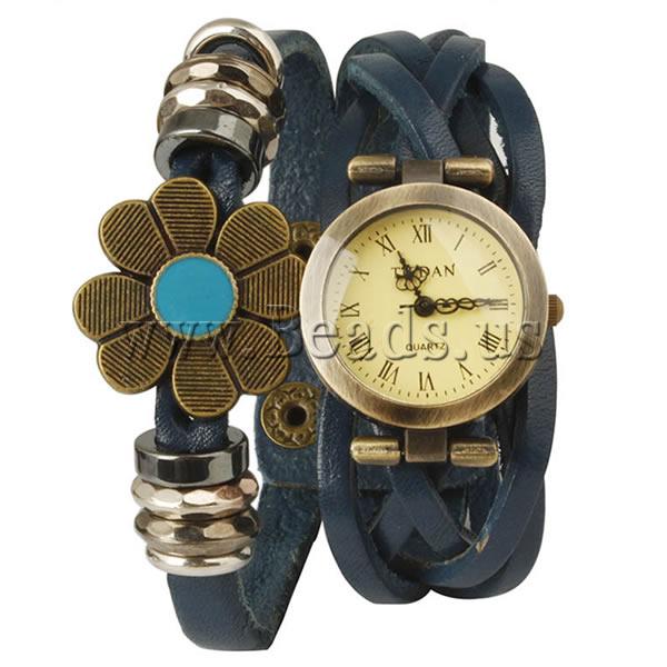 Free shipping Cowhide Watch Bracelet for Jewelry with zinc alloy dial plated enamel 2 strand blue