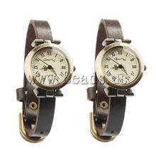 Free shipping!!!Cowhide Watch Bracelet,Costume jewelry, with zinc alloy dial, antique bronze color plated, coffee color, nickel
