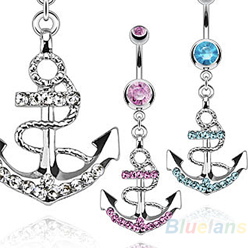 Body Jewelry Rhinestone Anchor Dangle Button Barbell Belly Navel Ring Bar Piercing chain 06P5