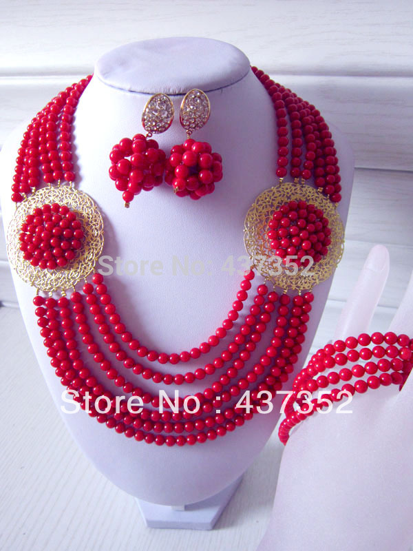New-Fashion-Nigerian-Wedding-African-Beads-Jewelry-set-Red-Coral-Beads ...