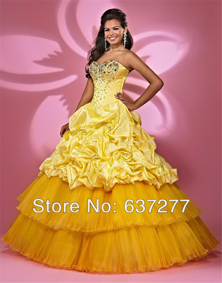 Quinceanera Dresses 2014 Yellow Crystal Sweetheart Ball Gowns Lace up Floor Length Organza Custom Dress