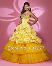 Quinceanera Dresses 2014 Yellow Beaded Sweetheart Ball Gowns Lace up Floor Length Organza Custom Dress