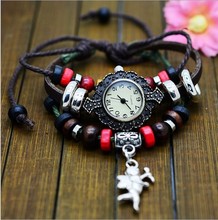 2014 New Brand Fashion Vintage Leather Quartz Watch Full of Beads Cupid Arrow Pendant Casual Dress Watch for Women Lovers Gifts