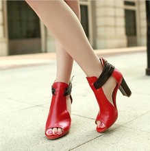 Genuine leather high square heels peep toe sexy ladies brand design women summer pumps shoes sandals red black brown apricot