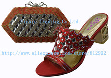 2014 New arrival free shipping BY DHL!!Hot glitter Italy matching shoe and bag set with shinning stones for party in BT1403 wine