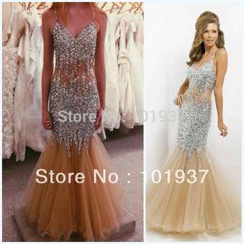 ... Fiesta Mermaid Tulle Sexy Backless Evening Prom Dresses With Sequins