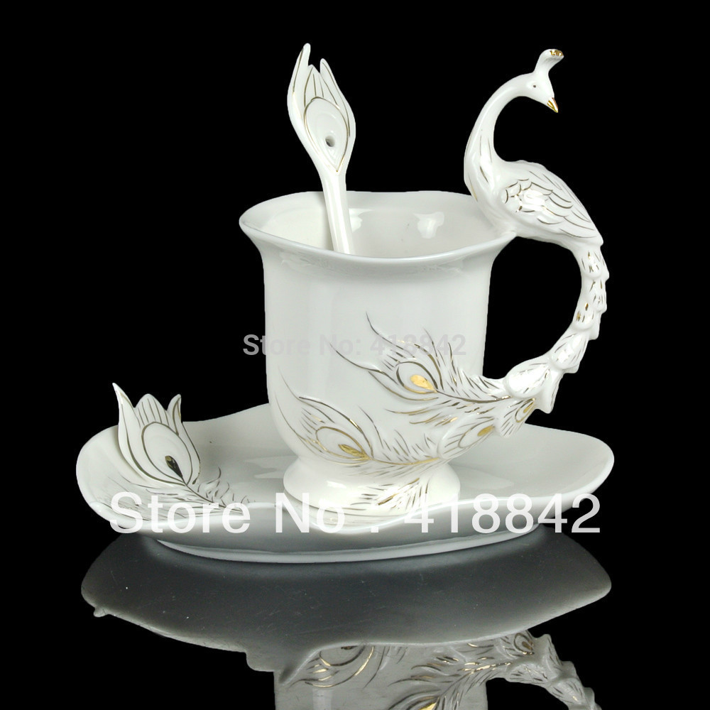 Porcelain Gold White Peacock Coffee Set Tea Cup Saucer birthday Spoon Christmas Gift