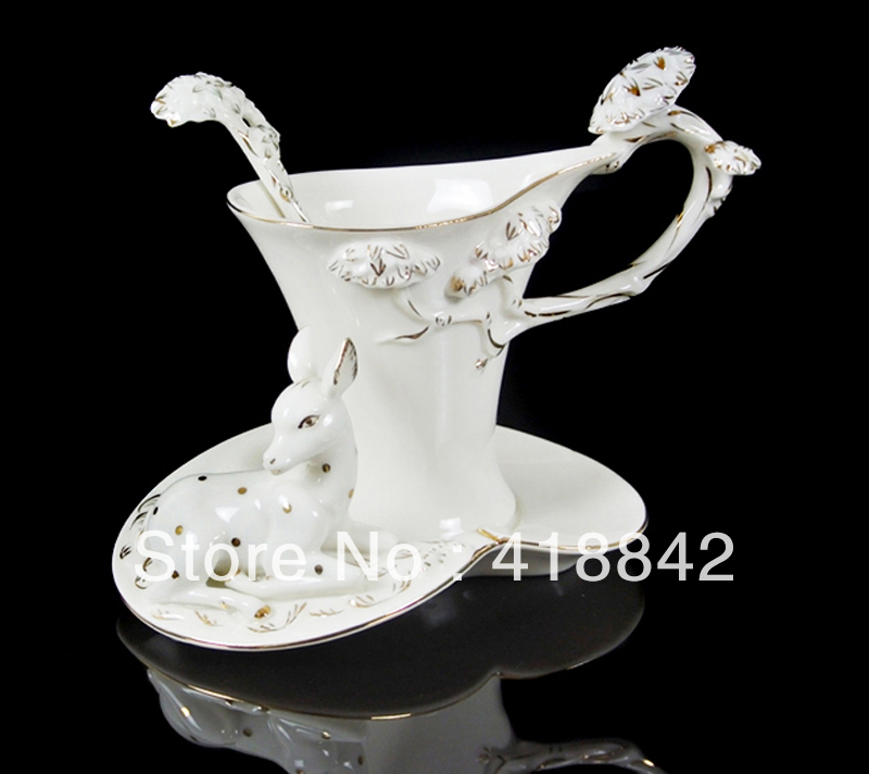 Gold Deer Bambi Coffee Set Cup Saucer Spoon Gift