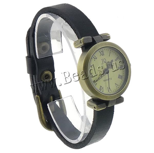 Free shipping Cowhide Watch Bracelet Costume jewelry with zinc alloy dial antique bronze color plated black
