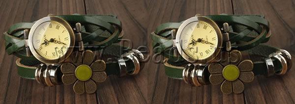 Free shipping Cowhide Watch Bracelet Sexy jewelry with Zinc Alloy plated enamel 2 strand green nickel