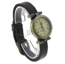 Free shipping!!!Cowhide Watch Bracelet,Bulk Jewelry, with zinc alloy dial, antique bronze color plated, coffee color, nickel