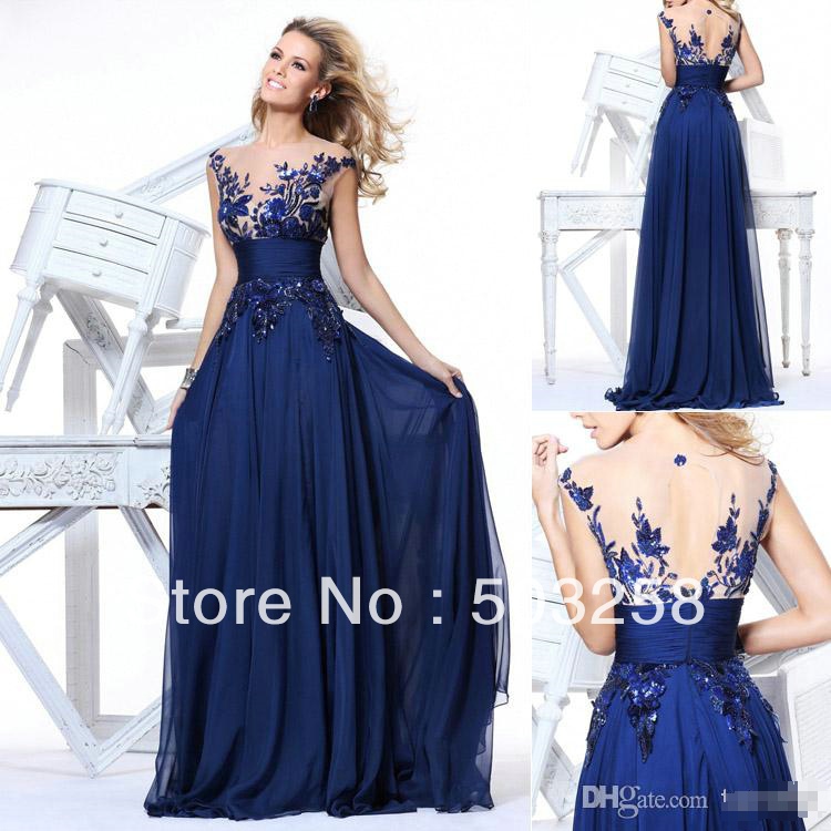 ... Dresses Vintage Beach Chiffon Navy Blue Prom Gown With Floral Lace