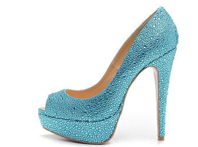 Peep Baby Blue crystal strass Platform High Heeled Bride wedding shoes ...