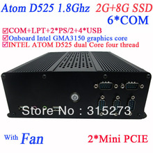 mini pcs with 6 COM Intel Dual core D525 four thread 1.8Ghz Intel NM10 GMA3150 graphics 2G RAM 8G SSD Windows or linux installed