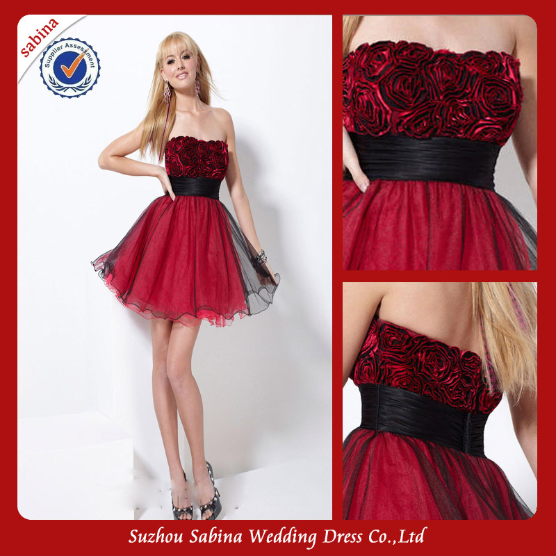 P0718 Red Rose Black And Red Short Puffy Prom Dress With Black Sash ...