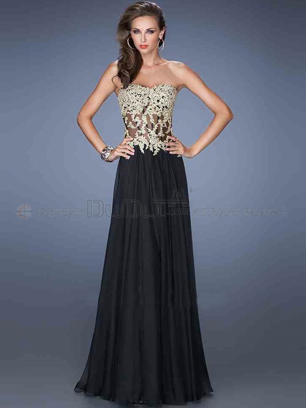 Prom Dresses 2014 A-line Strapless Floor-length Chiffon Appliques Prom ...