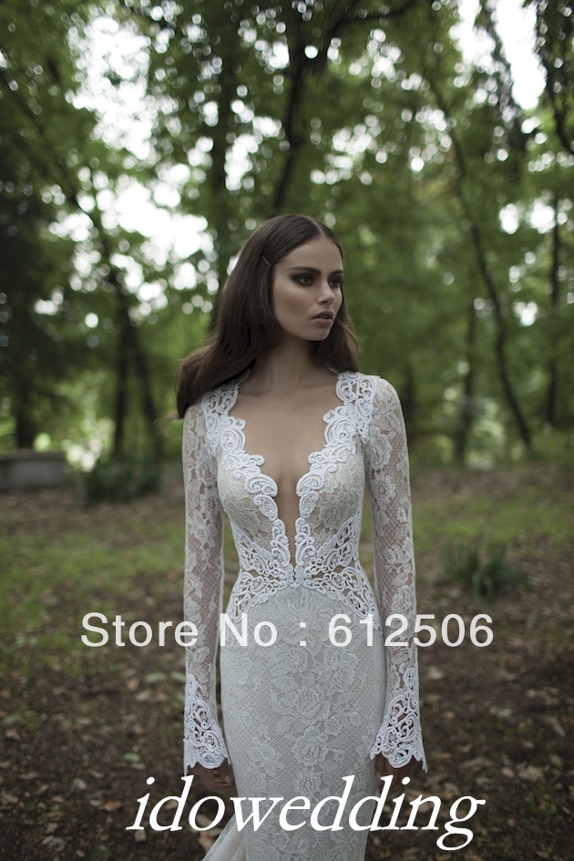 Exquisite White Lace Long Sleeves 2014 Berta Bridal Wedding Dresses V-Neck Open Back Sweep Train Mermaid Bridal Gowns