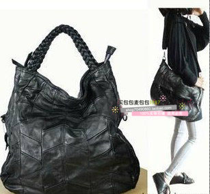 2014 sheepskin bag fashion all match patchwork genuine leather big bag one shoulder cross body 100