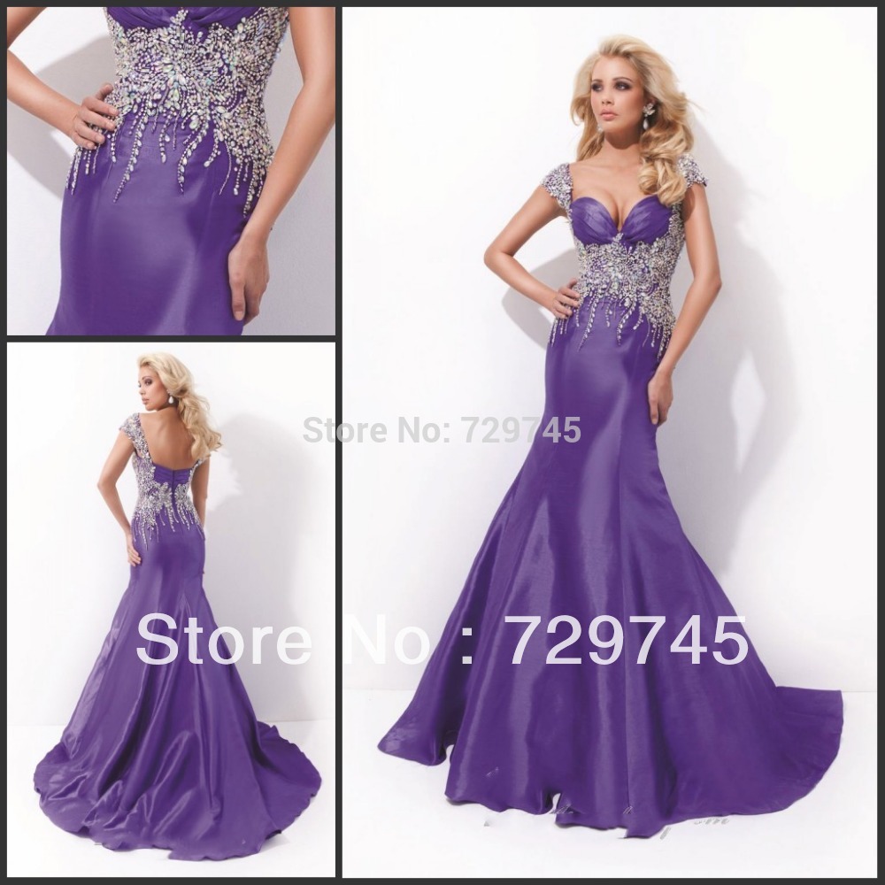 2014 New Spring Summer Sexy Beading Applique Mermaid Spaghetti Strap Floor Length Purple Satin Long Prom