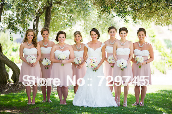 2014 Spring Summer Pleating A Line Strapless Knee Length Pink and White Chiffon Country Bridesmaid Dresses