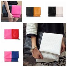 Fashion Women Large Vintage 2 Tone  Neon Color Fold Over Clutch Faux Leather Handbag Envelop IT Bag Free Shipping