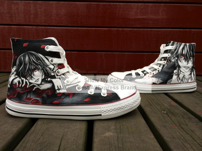 Newest Shoes Anime Vampire Knight Kaname Hand Painted Black Fashion Canvas Sneaker for Men Women