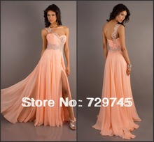 2014 New Fashion Summer Beading Applique  Side Slit A Line Bodice One Shoulder  Peach Prom Dress Evening Dress Gown Vestidos