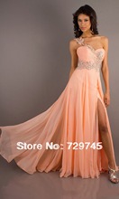 2014 New Fashion Summer Beading Applique Side Slit A Line Bodice One Shoulder Peach Prom Dress