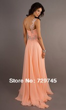 2014 New Fashion Summer Beading Applique Side Slit A Line Bodice One Shoulder Peach Prom Dress