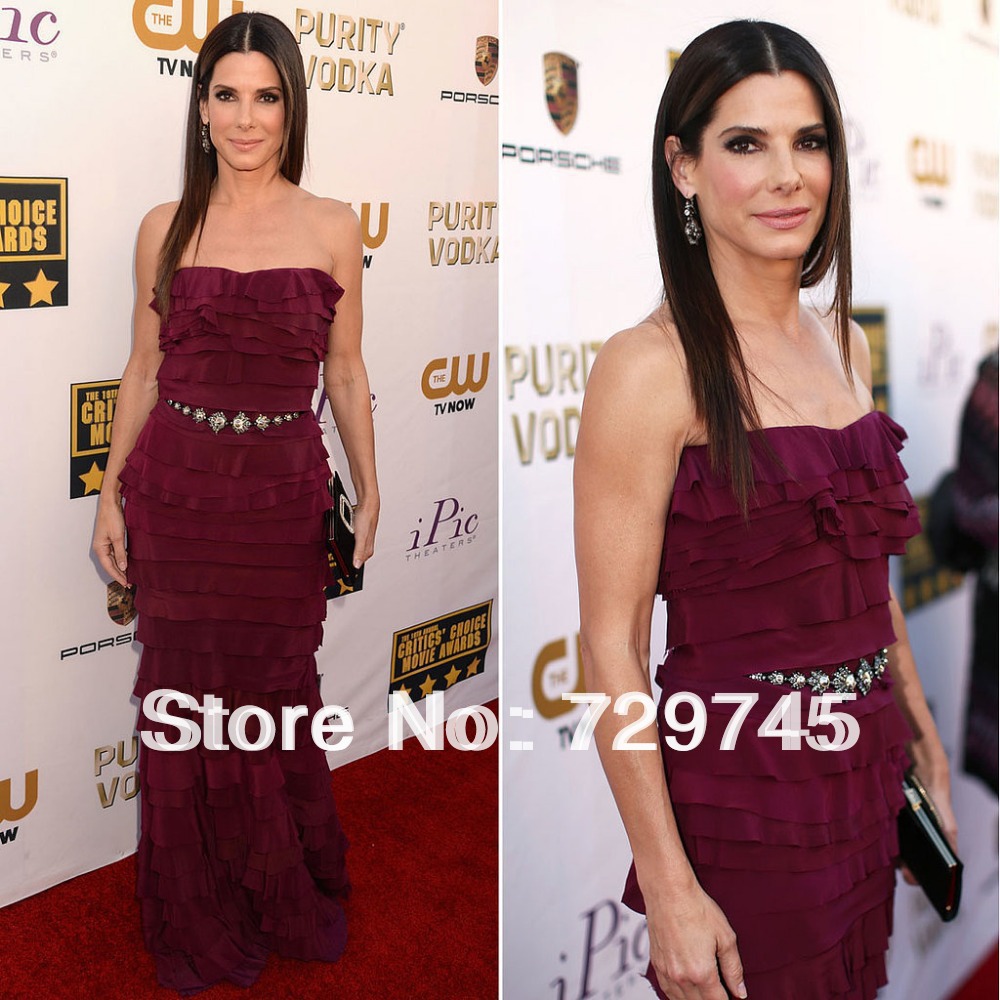 2014 New Fashion Sandra Bullock Pleating Tired A Line Sweetheart Celebrity Dress Rose Red Prom Dress