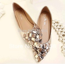 2014 Fashion Women s Rhinestone Beaded Toe Pointed shallow mouth Flat Bottomed Single Shoes Spring Gold