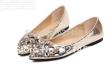 2014 Fashion Women s Rhinestone Beaded Toe Pointed shallow mouth Flat Bottomed Single Shoes Spring Gold