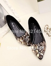 2014 Fashion Women s Rhinestone Beaded Toe Pointed shallow mouth Flat Bottomed Single Shoes Spring Gold