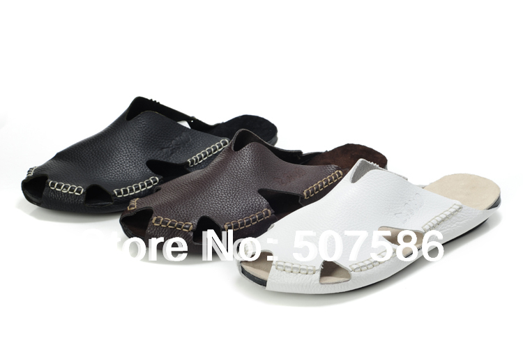 fashion 100% genuine leather closed toe beach slippers sandals men ...