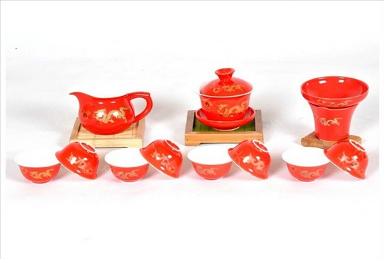 Commercial 2014 fashion new arrival 12 set red golden dragon kung fu tea