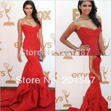 2014 New Emmy Awards Celebrity Dresses With Strapless Ruffles Backless Mermaid Sweep Train Taffeta Red Nina Dobrev Evening Prom