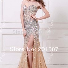 Custom Made Sexy Inspired Sparkling Beaded Crystal Sweetheart Strapless Mermaid Champagne Prom Dresses Evening Pageant Gown