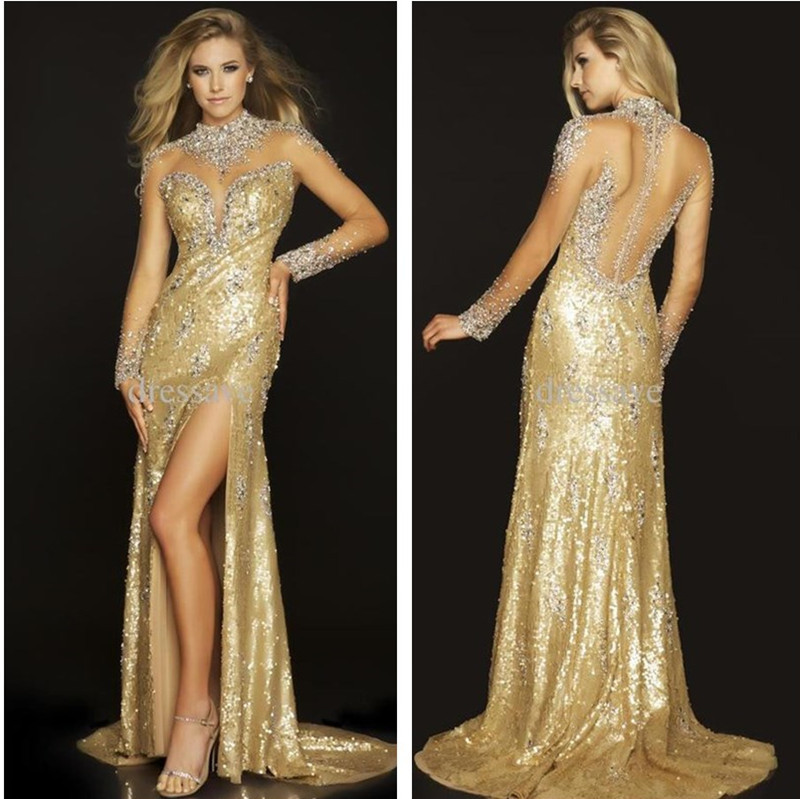 ... Sparkly-Gold-Long-Sleeve-High-Neck-Crystal-Split-Front-Evening-Dresses