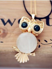 2014 New Fashion Jewelry Cute Big Opal Owl Pendant Necklace Long Chain XY N143
