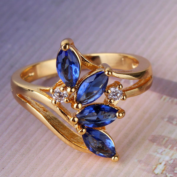 Mother Day New 2014 24K Gold Plated Water Drop Cut Royal Blue Crystals CZ Band Rings