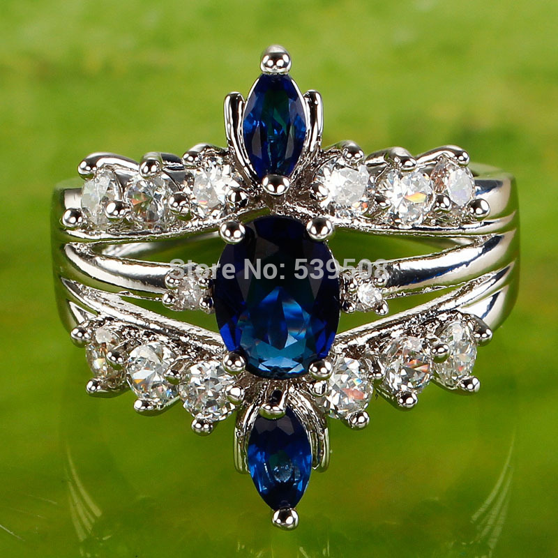 Wholesale Elegant Sapphire Quartz White Topaz 925 Silver Ring Size 9