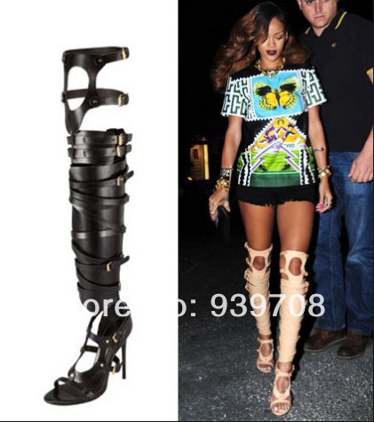 2014 New Leather Knee High Gladiator Sandals For Women High Heels ...
